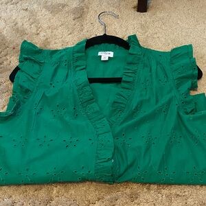 J. Crew Vibrant Green Eyelet Blouse with Ruffle Sleeves